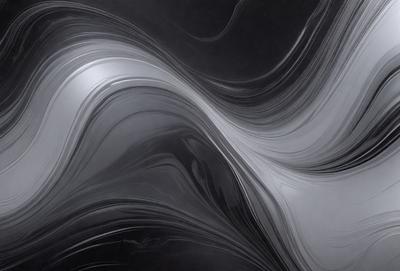 The primary subject of the image is a silver and black patterned design, which appears to be a digital art or illustration. The setting is a black background, and the visual style is modern and artistic. The dominant colors in the image are silver and black, creating a sleek and sophisticated atmosphere.