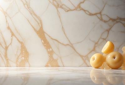 The primary subject of the image is a marble countertop with a patterned surface. The setting is a kitchen, and the visual style is a photo. The countertop has a gold and white color scheme, giving it a luxurious and elegant appearance. The overall atmosphere is sophisticated and inviting.