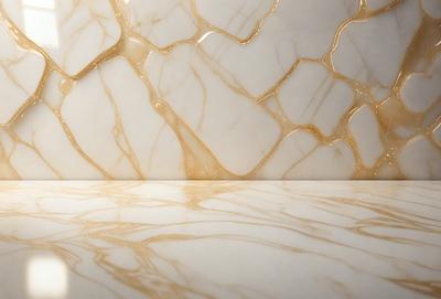 The primary subject of the image is a marble wall with a gold-colored pattern. The setting is a room with a white countertop. The visual style is a photo of the marble wall, showcasing its unique design. The colors and mood of the image are predominantly white and gold, creating a luxurious and elegant atmosphere.