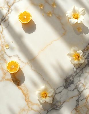 The primary subject of the image is a table with a marble surface. On the table, there are three oranges and three white flowers. The setting appears to be a kitchen or dining area, as the table is a prominent feature in the scene. The visual style of the image is a photo, capturing the details of the oranges and flowers on the marble surface. The colors in the image are predominantly orange and white, creating a warm and inviting atmosphere.