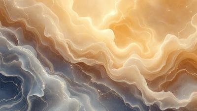 The primary subject of the image is a painting of a sunset. The setting is a cloudy sky, and the visual style is a digital artwork. The dominant colors are orange and blue, creating a warm and serene atmosphere.