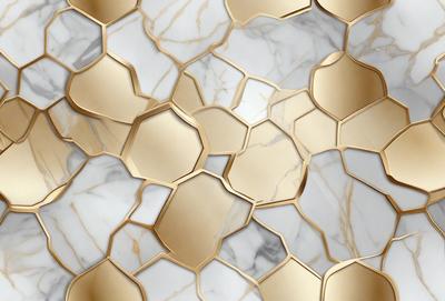 The primary subject of the image is a marble wall with a gold pattern. The setting is a room with a marble floor. The visual style is a close-up of the marble wall, showcasing the gold pattern. The colors and mood of the image are warm and elegant, with the gold pattern adding a touch of luxury to the marble wall.