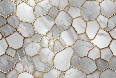The primary subject of the image is a marble wall with a gold pattern. The setting is a bathroom, and the visual style is a photo. The dominant colors are gold and white, creating a luxurious and elegant atmosphere.