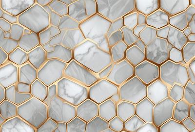 The primary subject of the image is a marble wall with a gold honeycomb pattern. The setting is a room with a white marble surface. The visual style is a close-up of the marble wall, showcasing the intricate gold honeycomb pattern. The colors and mood of the image are predominantly white and gold, giving it a luxurious and elegant appearance.