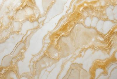 The primary subject of the image is a marble countertop with a unique, swirled pattern. The setting is a kitchen, and the visual style is a close-up of the marble countertop. The colors and mood of the image are warm and elegant, with the marble countertop being the main focus.