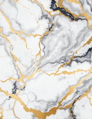 The primary subject of the image is a marble countertop with a gold-colored design. The setting is a kitchen, and the visual style is a close-up of the marble countertop. The colors and mood of the image are predominantly white and gold, giving it a luxurious and elegant appearance.