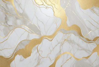The primary subject of the image is a marble wall with gold accents. The setting is a room with a white marble surface. The visual style is a combination of photo and digital art, creating a unique and elegant appearance. The dominant colors are white and gold, giving the wall a luxurious and sophisticated look.