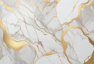 The primary subject of the image is a marble wall with gold accents. The setting is a room with a white marble surface. The visual style is a combination of a photo and digital art, creating a unique and elegant appearance. The dominant colors are white and gold, giving the wall a luxurious and sophisticated look.