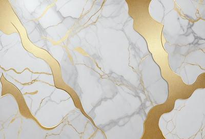 The primary subject of the image is a marble wall with gold accents. The setting is a room with a white marble surface. The visual style is a combination of photo and digital art, creating a unique and elegant appearance. The dominant colors are white and gold, giving the wall a luxurious and sophisticated look.