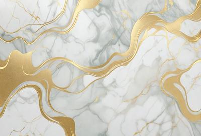 The primary subject of the image is a marble wall with gold accents. The setting is a room with a white marble surface. The visual style is a combination of a photo and digital art, creating a unique and elegant appearance. The dominant colors are white and gold, giving the wall a luxurious and sophisticated look.
