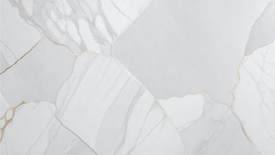 The primary subject of the image is a marble tile with a gold border. The setting is a white marble wall, and the visual style is a close-up of the tile. The colors and mood of the image are predominantly white and gold, giving it a luxurious and elegant appearance.