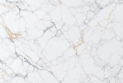 The primary subject of the image is a marble wall with a white and gold color scheme. The setting is a room with a white marble floor, and the visual style is a close-up of the marble wall. The colors and mood of the image are elegant and sophisticated, with the white marble providing a clean and timeless appearance, while the gold accents add a touch of luxury and warmth.