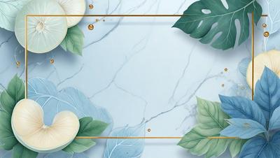 The primary subject of the image is a marble countertop with a few green leaves and flowers placed on it. The setting is a kitchen or a similar environment, as the countertop is a common surface for food preparation and display. The visual style is a combination of photo and digital art, as the image appears to be a close-up of the countertop with a touch of artistic enhancement. The colors and mood of the image are predominantly green and natural, creating a serene and calming atmosphere.