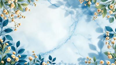 The primary subject of the image is a blue marble surface with a pattern of white flowers. The setting is a blue sky, and the visual style is a combination of digital art and illustration. The dominant colors are blue and white, creating a calm and serene atmosphere.