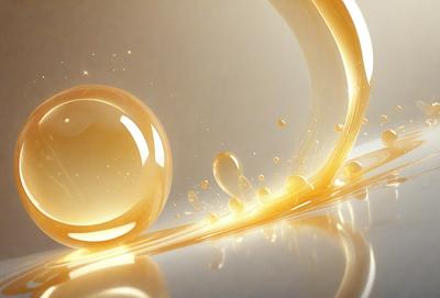 The primary subject of the image is a yellow, bubbly substance, which appears to be a mixture of oil and water. The setting is a white background, and the visual style is a combination of photo and digital art. The colors and mood of the image are predominantly yellow and warm, creating a sense of vibrancy and energy.