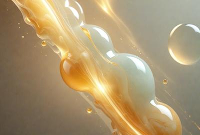 The primary subject of the image is a close-up of a yellow liquid, possibly a sauce or a syrup, with a golden hue. The setting is a white background, which provides a clean and minimalistic appearance. The visual style is a close-up, which emphasizes the details of the yellow liquid. The colors and mood of the image are warm and inviting, with the yellow liquid creating a sense of warmth and richness.