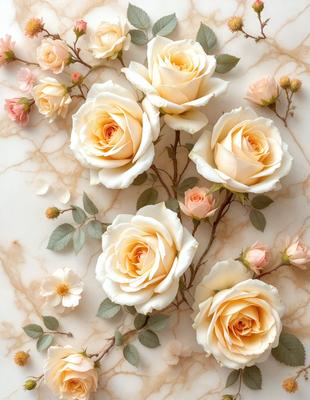 The primary subject of the image is a bouquet of white and yellow roses. The setting is a marble surface, which serves as the backdrop for the flowers. The visual style is a close-up of the flowers, showcasing their details and beauty. The colors and mood of the image are predominantly white and yellow, creating a warm and inviting atmosphere.