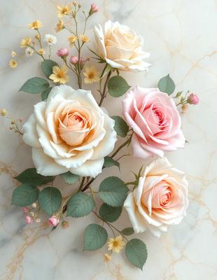 The primary subject of the image is a bouquet of three roses and one carnation, arranged together on a stem. The setting is a marble surface, which serves as the backdrop for the flowers. The visual style is a close-up of the flowers, showcasing their details and beauty. The colors and mood of the image are predominantly pink and white, creating a sense of elegance and delicacy.