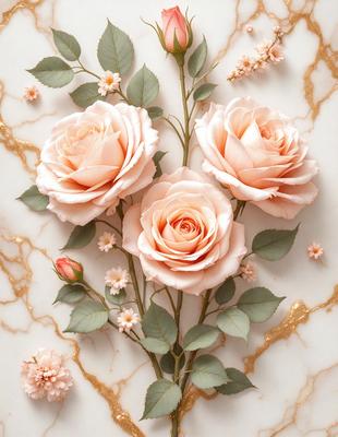 The primary subject of the image is a bouquet of three pink roses. The setting is a marble surface, which adds a sophisticated and elegant touch to the scene. The visual style is a close-up of the roses, showcasing their beauty and details. The colors and mood of the image are predominantly pink, creating a warm and inviting atmosphere.