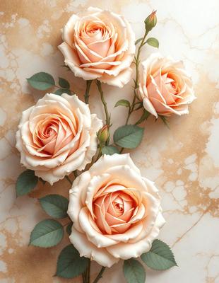 The primary subject of the image is a bouquet of six white and pink roses. The roses are arranged in a vase, and they are placed on a marble surface, which serves as the setting or background. The visual style of the image is a close-up of the roses, showcasing their beauty and details. The colors and mood of the image are predominantly white and pink, creating a sense of elegance and freshness.