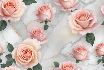 The primary subject of the image is a group of pink roses. They are arranged in a visually appealing manner, with some of the roses placed on a marble surface. The setting appears to be a natural environment, with the roses being the main focus of the scene. The visual style of the image is a close-up of the roses, showcasing their beauty and details. The colors and mood of the image are predominantly pink, creating a warm and inviting atmosphere.