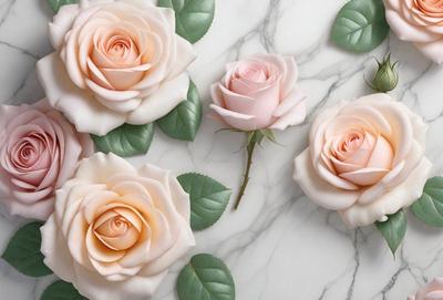 The primary subject of the image is a group of white roses. They are arranged on a marble surface, which serves as the setting and background. The visual style of the image is a photo, capturing the beauty of the roses in their natural environment. The colors and mood of the image are predominantly white, creating a serene and elegant atmosphere.