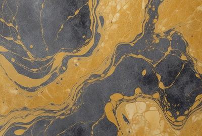 The primary subject of the image is a close-up of a marble surface with a gold-colored pattern. The setting is a stone countertop, and the visual style appears to be a photo. The dominant colors are gold and black, creating a luxurious and elegant atmosphere.