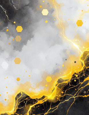The primary subject of the image is a cloudy sky with yellow lightning bolts. The setting is a cloudy sky, and the visual style is a digital art or illustration. The dominant colors are yellow and black, creating a dramatic and intense atmosphere.