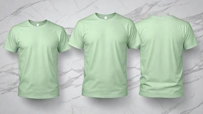 The image features a white marble wall with three different shades of green t-shirts hanging on it. The t-shirts are displayed in various positions, with one on the left side, one in the middle, and one on the right side of the wall. The green shirts are the primary subject of the image, and the marble wall serves as the setting or background. The visual style of the image is a combination of photo and digital art, creating a unique and eye-catching display. The