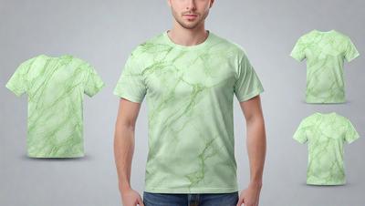 The primary subject of the image is a man wearing a green shirt. The setting is a white background, and the visual style is a close-up of the man. The man is wearing a green shirt with a pattern on it, and the colors and mood of the image are predominantly green.