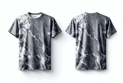 The image features a gray t-shirt with a marbled pattern on it. The shirt is displayed in two different orientations, with one being upside down. The t-shirt is the primary subject of the image, and it is displayed against a white background. The overall atmosphere of the image is casual and comfortable, with the marbled pattern adding a touch of texture and visual interest to the t-shirt.