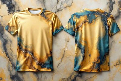 The primary subject of the image is a yellow and blue shirt with a marble pattern. The shirt is displayed on a marble wall, which serves as the setting and background of the image. The visual style of the image is a combination of photo and digital art, creating a unique and eye-catching design. The colors and mood of the image are vibrant and energetic, with the yellow and blue shirt standing out against the marble wall.