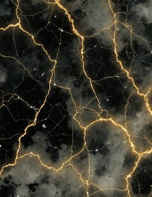 The primary subject of the image is a black and white photo of a marbled surface with yellow streaks. The setting is a dark room, and the visual style is a close-up of the marbled surface. The colors and mood of the image are predominantly dark and moody, with the yellow streaks adding a touch of warmth to the overall atmosphere.