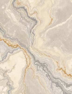 The primary subject of the image is a marble tile with a gold and white color scheme. The setting is a bathroom, as indicated by the presence of a sink. The visual style is a close-up of the marble tile, showcasing its intricate design and texture. The colors and mood of the image are elegant and sophisticated, with the gold and white tones creating a luxurious and refined atmosphere.