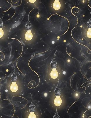 The primary subject of the image is a pattern of light bulbs, which are yellow in color. The setting is a black background, creating a contrasting effect. The visual style is a combination of digital art and illustration, as the light bulbs are depicted in a detailed and artistic manner. The colors and mood of the image are predominantly dark and moody, with the yellow light bulbs providing a warm and inviting atmosphere.