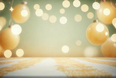 The primary subject of the image is a table with a tablecloth featuring a pattern of gold and yellow. The table is adorned with a string of lights, creating a warm and inviting atmosphere. The setting is indoors, with the lights providing a cozy ambiance. The visual style of the image is a combination of photo and digital art, as the tablecloth and lights are both real elements, but the overall composition and lighting suggest a digital art approach. The colors and mood of the image are predomin