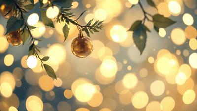 The primary subject of the image is a small, round, golden ornament hanging from a tree branch. The setting is a brightly lit environment, possibly a forest or a garden, with the ornament surrounded by a multitude of yellow lights. The visual style appears to be a combination of a photo and digital art, creating a unique and captivating scene. The colors and mood of the image are predominantly warm and inviting, with the golden ornament and the bright lights creating a sense of warmth and festivity