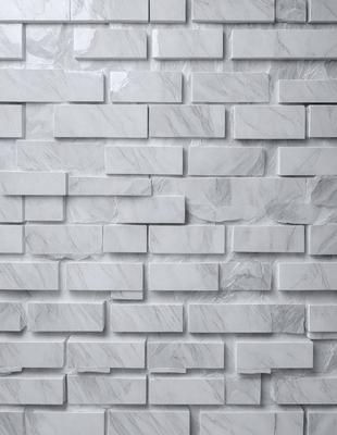 The primary subject of the image is a white marble wall with a brick pattern. The setting is a room with a white brick wall, and the visual style is a photo. The colors and mood of the image are predominantly white, giving it a clean and minimalist appearance.