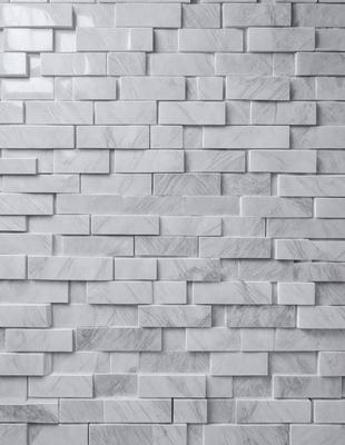 The primary subject of the image is a white marble wall with a brick pattern. The setting is a room with a white brick wall, and the visual style is a photo. The colors and mood of the image are predominantly white, giving it a clean and minimalist appearance.