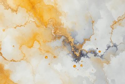 The primary subject of the image is a painting of a yellow and orange background with a blue and white foreground. The setting is a white canvas, and the visual style is a painting. The dominant colors in the painting are yellow, orange, blue, and white, creating a vibrant and lively atmosphere.