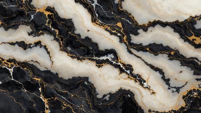 The primary subject of the image is a marble countertop with a gold and black pattern. The setting is a kitchen, and the visual style is a close-up of the marble countertop. The dominant colors are gold and black, creating a luxurious and elegant atmosphere.