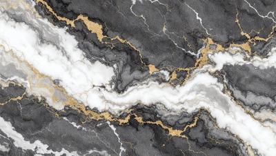 The primary subject of the image is a marble countertop with a gold-colored vein running through it. The setting is a kitchen, with the countertop being the main focus of the scene. The visual style is a close-up of the marble countertop, showcasing its unique vein pattern. The colors and mood of the image are predominantly black and gold, giving it a luxurious and elegant appearance.
