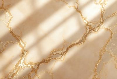 The primary subject of the image is a marble wall with a gold-colored pattern. The setting is a room with a sunlit surface, creating a warm and inviting atmosphere. The visual style is a close-up of the marble wall, showcasing the intricate gold pattern. The colors and mood of the image are predominantly warm and earthy, with the gold pattern adding a touch of luxury and sophistication.