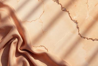 The primary subject of the image is a piece of fabric, possibly a piece of clothing or a curtain, with a patterned texture. The setting is a wall with a cracked surface, and the visual style appears to be a photo. The colors in the image are predominantly brown, and the overall atmosphere is somewhat moody.
