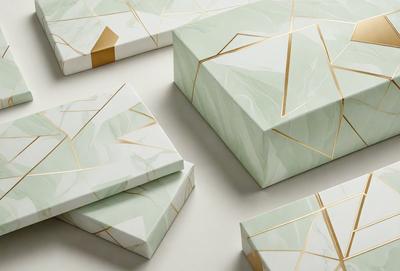 The primary subject of the image is a collection of four boxes, each with a different design and color. The boxes are placed on a white surface, which serves as the background. The visual style of the image is a combination of photo and digital art, as the boxes are presented in a visually appealing manner. The colors and mood of the image are predominantly green and white, giving it a clean and fresh appearance.