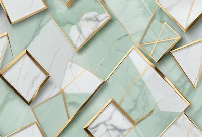 The primary subject of the image is a patterned wall made of marble. The setting is a room with a green and white marble wall, which is the main focus of the image. The visual style is a combination of digital art and illustration, creating a unique and artistic appearance. The dominant colors are green and white, giving the wall a clean and elegant appearance.