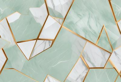 The primary subject of the image is a marble wall with a gold pattern. The setting is a room with a green marble floor. The visual style is a combination of a photo and digital art, creating a unique and intricate design. The dominant colors are gold and green, giving the space a luxurious and elegant atmosphere.
