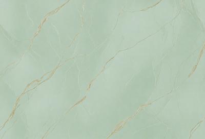 The primary subject of the image is a green marble wall with a pattern of gold veins. The setting is a room with a green background, and the visual style is a close-up of the marble wall. The colors and mood of the image are predominantly green and gold, creating a warm and luxurious atmosphere.