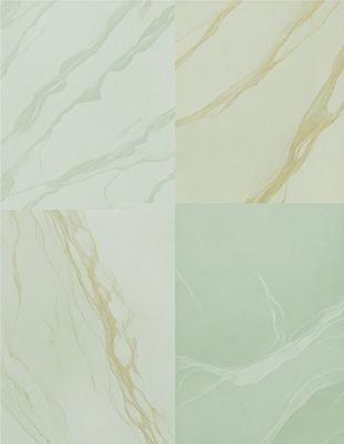 The primary subject of the image is a close-up of a marble tile, showcasing its intricate design and texture. The setting is a white wall, which provides a clean and minimalist backdrop for the tile. The visual style is a combination of a photo and digital art, as the image is a close-up of the tile, but the overall atmosphere is elegant and sophisticated. The dominant colors are white and green, which are prevalent in the marble tile and the white wall.