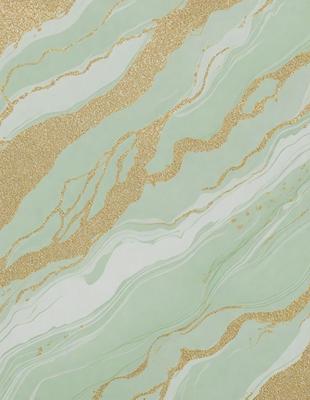The primary subject of the image is a green and gold marbled wallpaper. The setting is a bathroom, as indicated by the presence of a bathtub. The visual style is a patterned wallpaper, which adds a unique and elegant touch to the space. The dominant colors are green and gold, creating a warm and inviting atmosphere in the bathroom.
